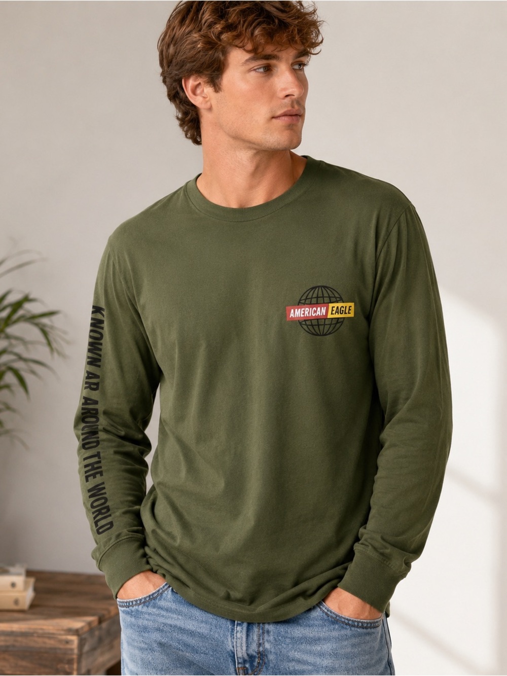 American Eagle Olive Green Graphic Long Sleeve T-Shirt Globe Logo Mens M